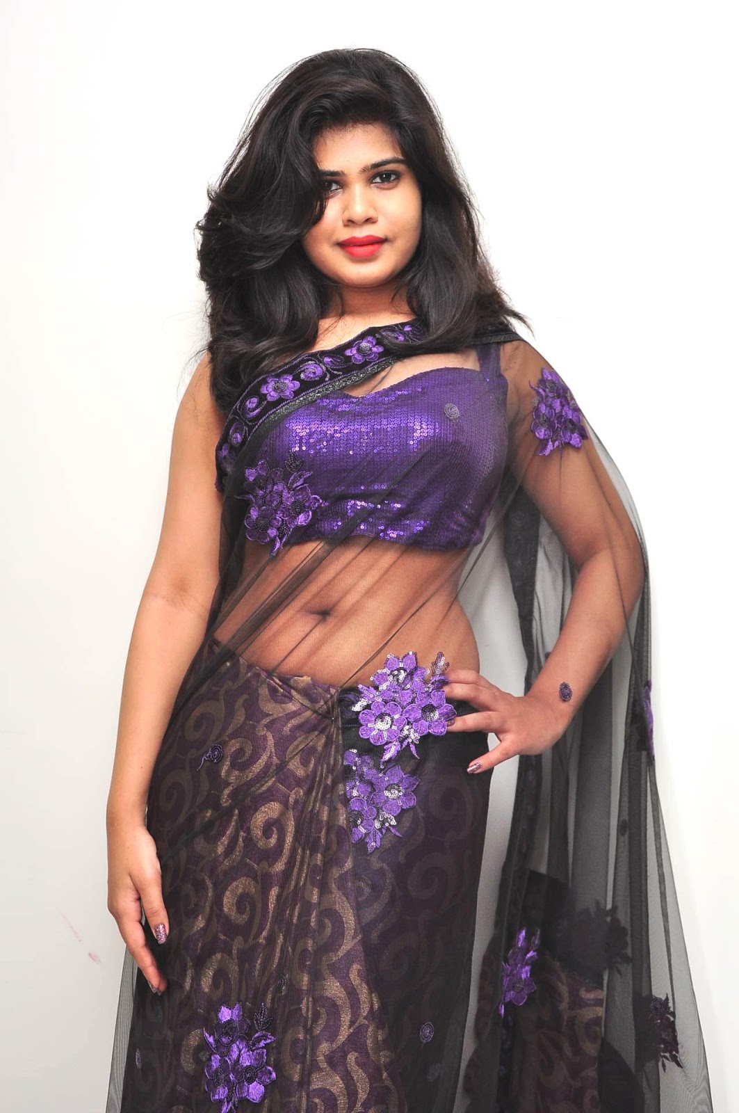Actress Alekhya Sexy Navel Show In Transparent Saree Photoshoot Sills 01
