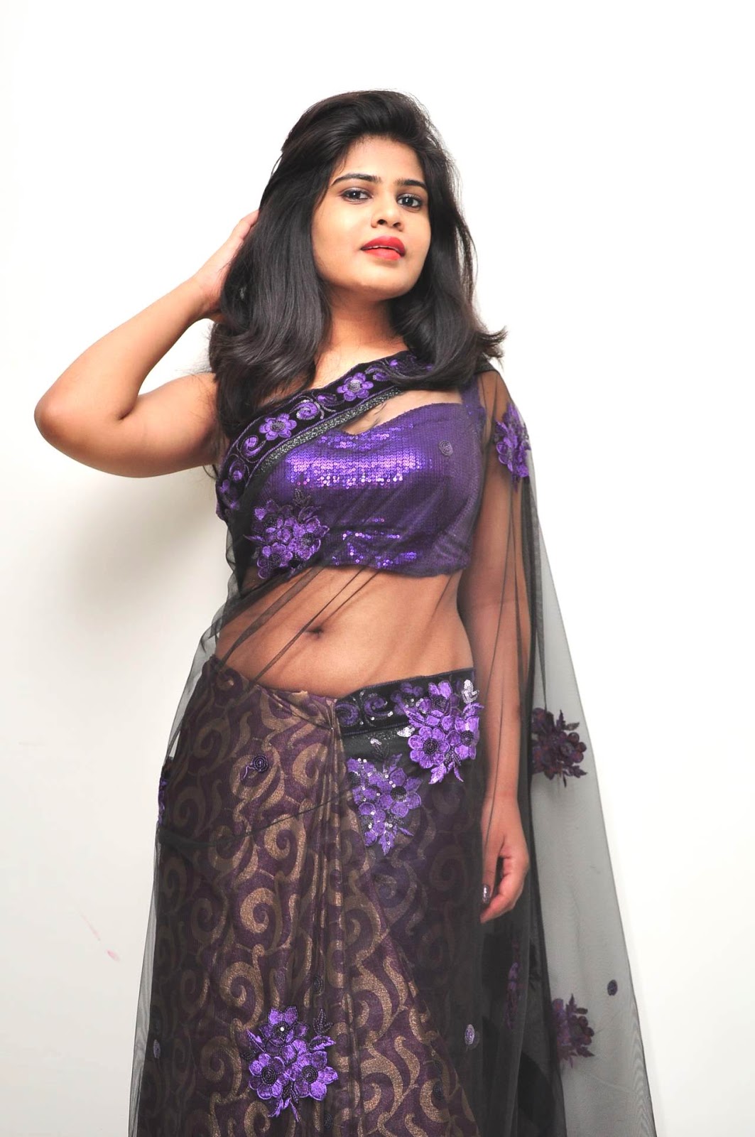 Actress Alekhya Sexy Navel Show In Transparent Saree Photoshoot Sills 41