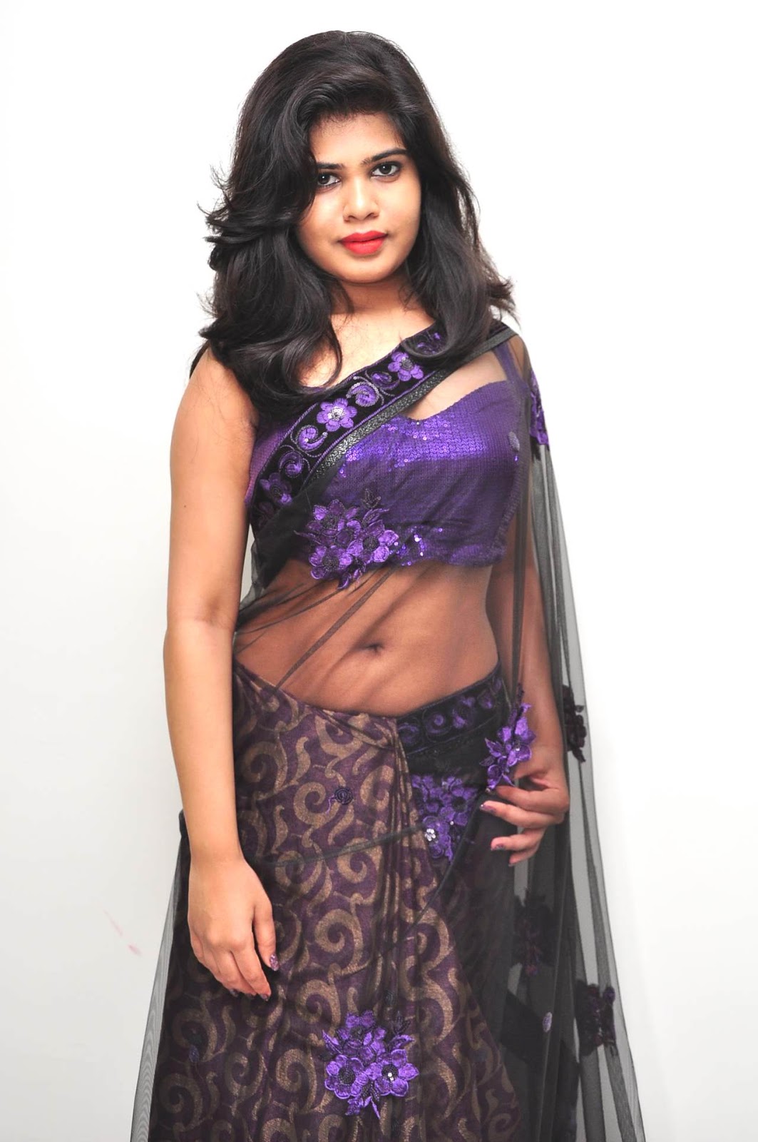 Actress Alekhya Sexy Navel Show In Transparent Saree Photoshoot Sills 4H