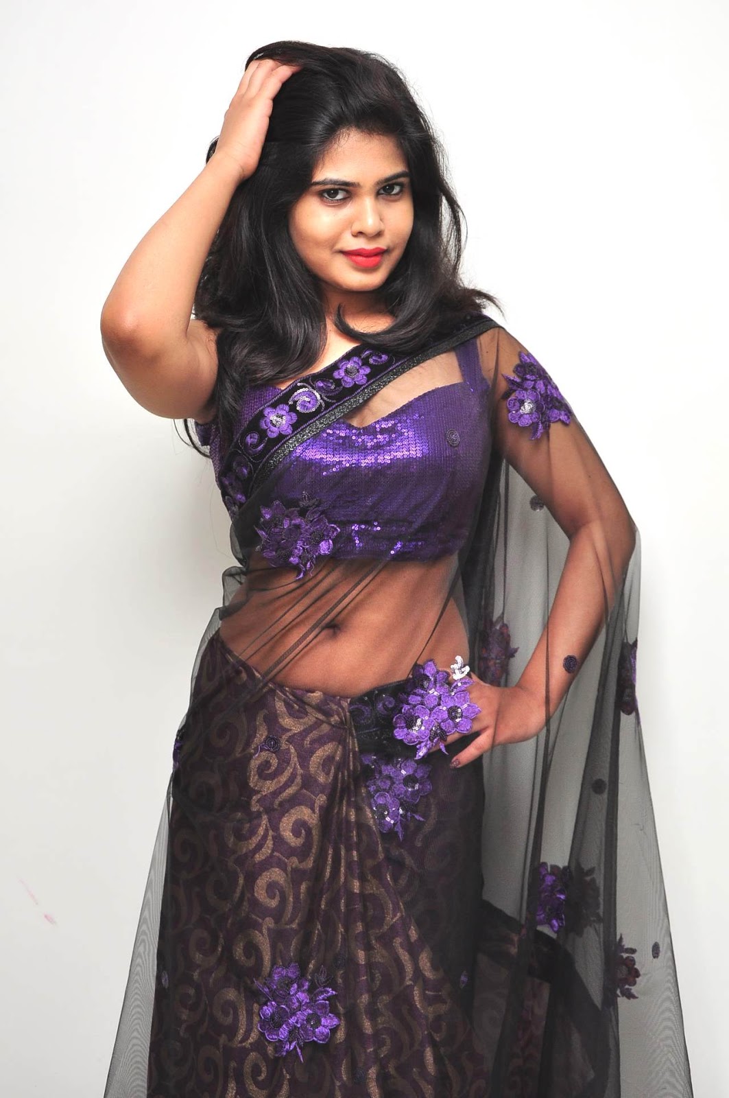 Actress Alekhya Sexy Navel Show In Transparent Saree Photoshoot Sills 8H