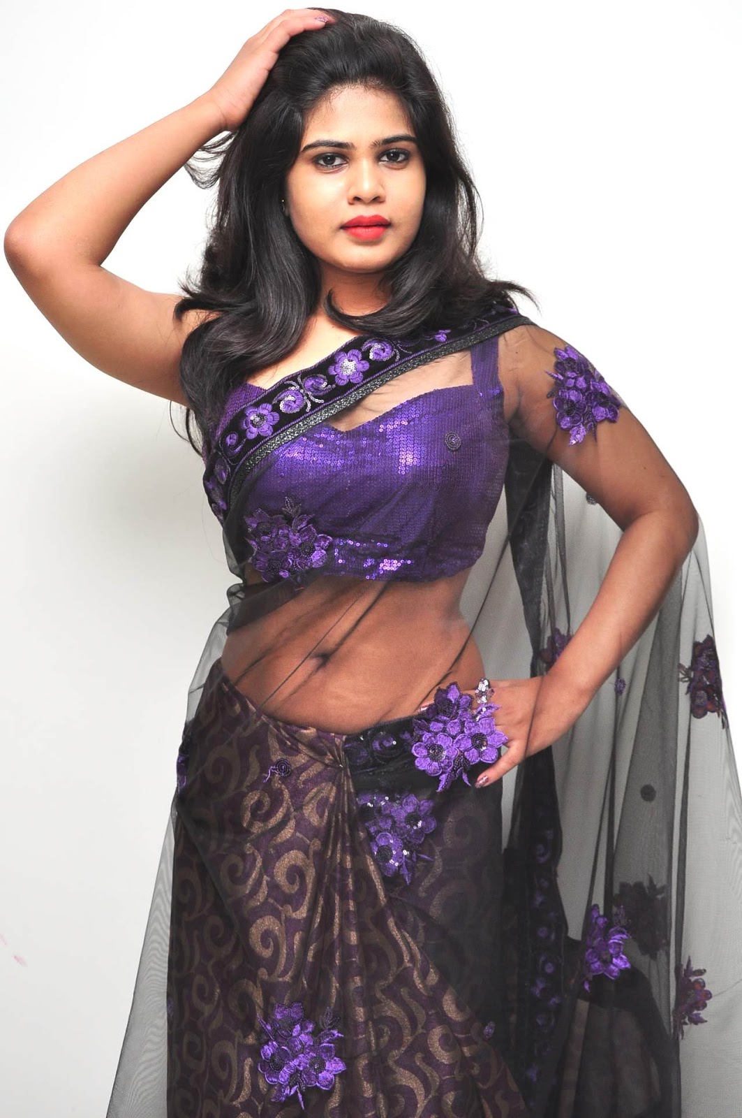 Actress Alekhya Sexy Navel Show In Transparent Saree Photoshoot Sills A1