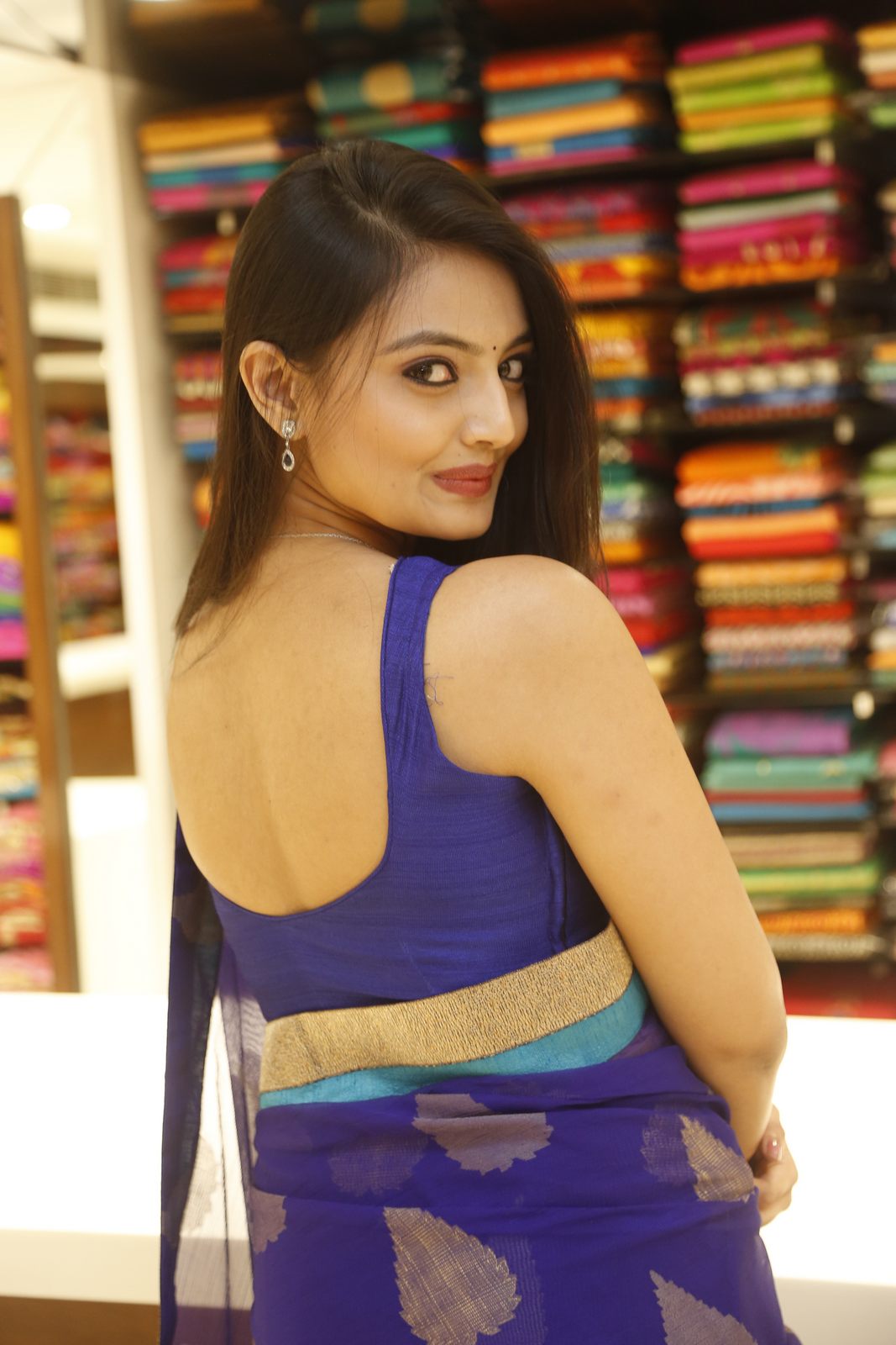 Nikitha Narayan Sexy Navel Show In Blue Transparent Saree Photoshoot Stills 19