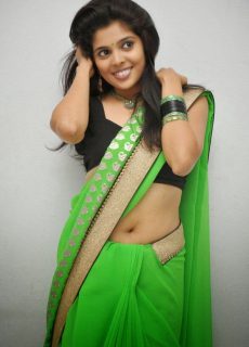 Shravya Sexy Navel and Cleavage Show In Green Saree Photoshoot Stills