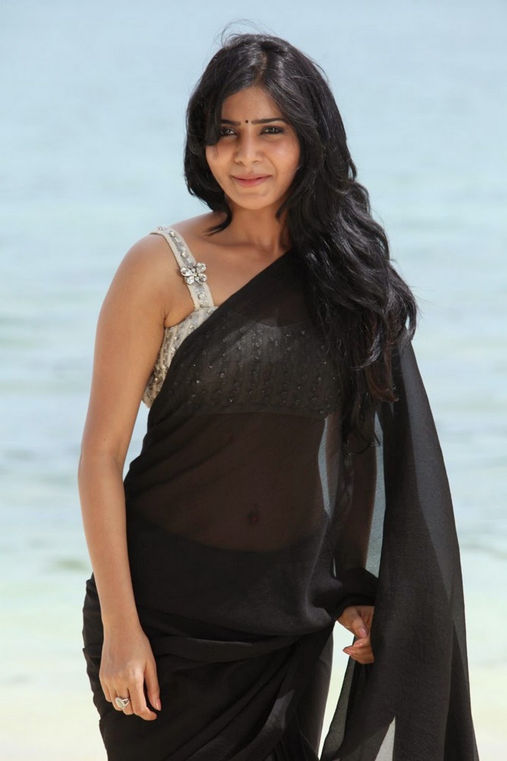 Actress Samantha Akkineni Sexy Navel Show In Transparent Black Saree Photoshoot Stills 21