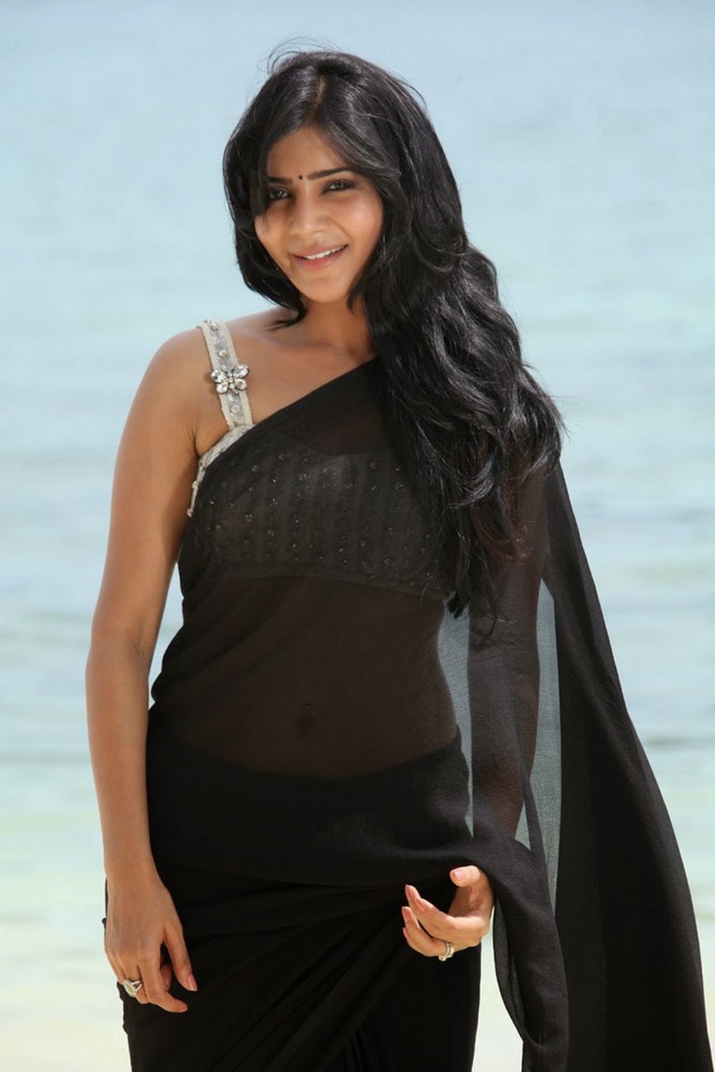 Actress Samantha Akkineni Sexy Navel Show In Transparent Black Saree Photoshoot Stills 41