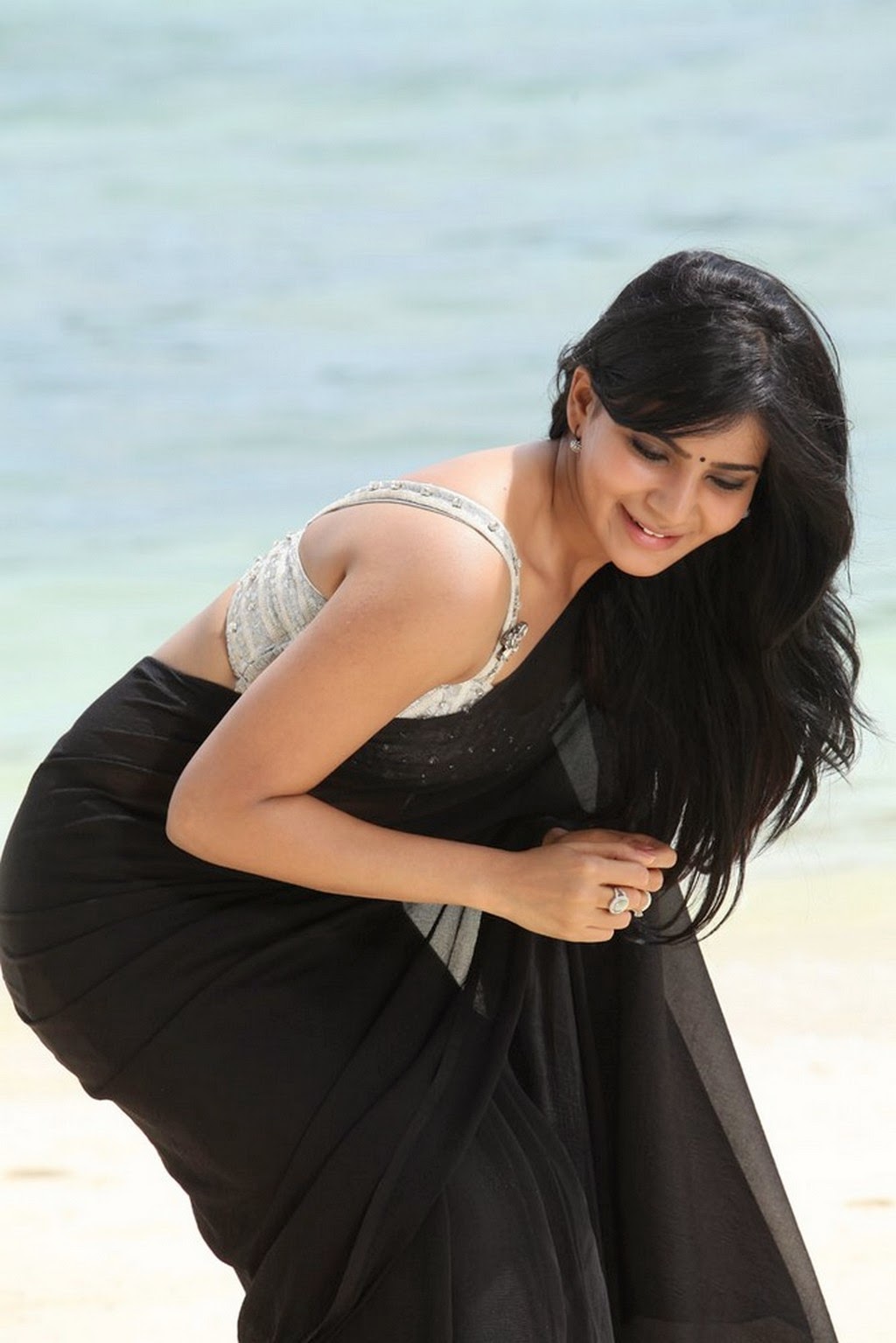 Actress Samantha Akkineni Sexy Navel Show In Transparent Black Saree Photoshoot Stills 79