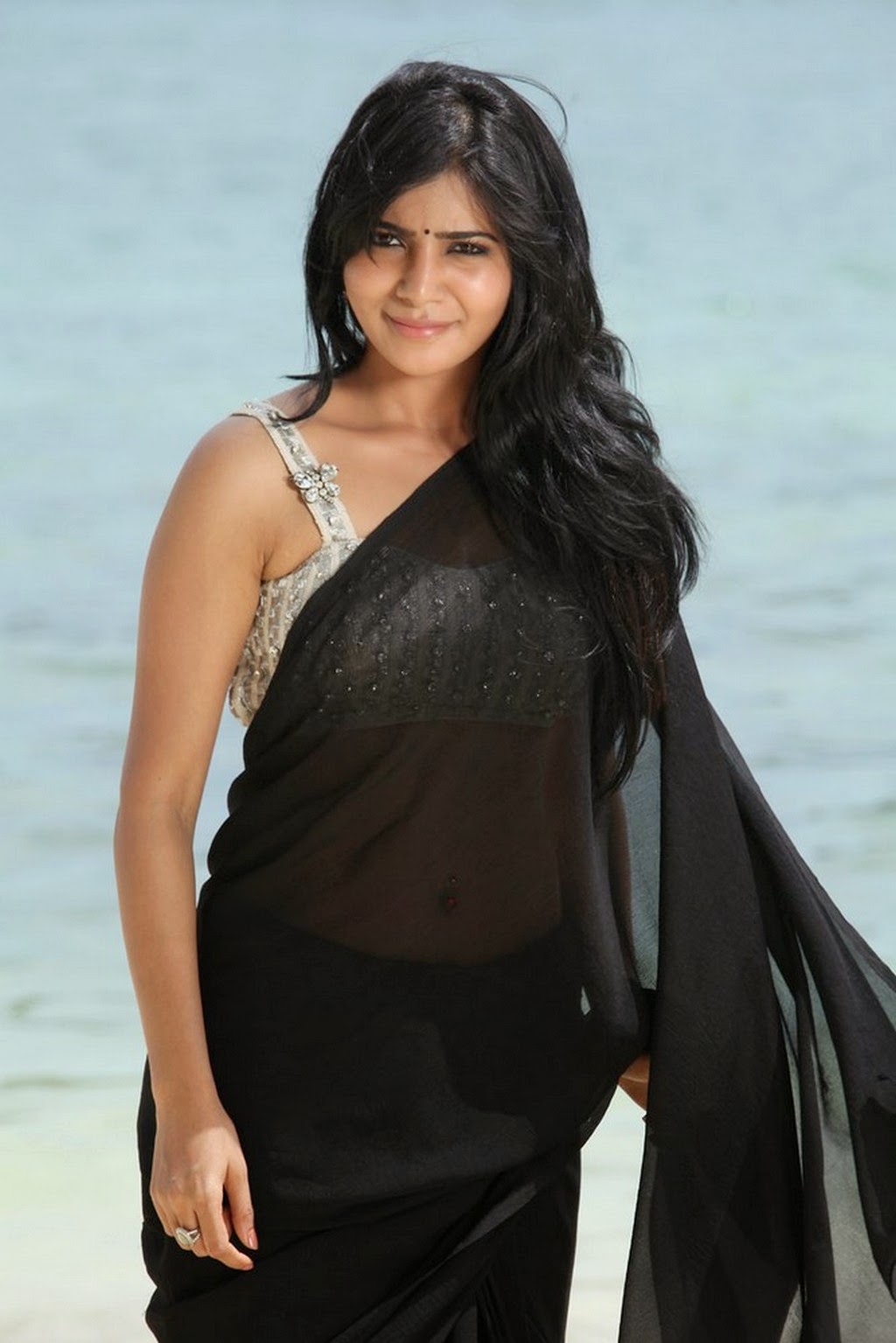 Actress Samantha Akkineni Sexy Navel Show In Transparent Black Saree Photoshoot Stills 81